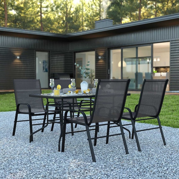 Flash Furniture 5PC Patio Set-55" Glass Table, 4 Black Chairs TLH-089REC-303CBK4-GG - main